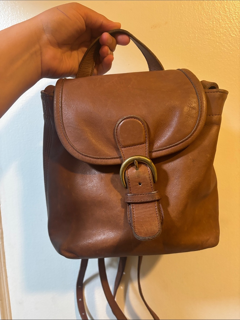 Coach Tan Leather Mini Backpack with Brass Buckle